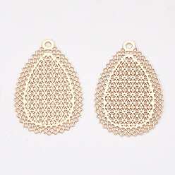 Light Gold Brass Pendants, Etched Metal Embellishments, Long-Lasting Plated, Teardrop, Light Gold, 26x16.5x0.3mm, Hole: 1.2mm
