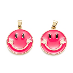 Fuchsia Brass Enamel Pendants, Real 18K Gold Plated, Long-Lasting Plated, Flat Round with Smiling Face, Fuchsia, 27x24.5x2.5mm, Hole: 5x3.5mm