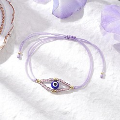 Лиловый Регулируемые браслеты из нейлонового шнура с плетеными бусинами, браслеты из бусин от сглаза для женщин, со стеклянными бисеринами, сирень, внутренний диаметр: 3-3/8 дюйм (8.5 см)