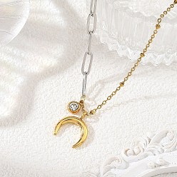 Golden & Stainless Steel Color Duo Tone 304 Stainless Steel Crescent Moon Pendant Mixed Chain Necklaces for Women, Golden & Stainless Steel Color, 15.51 inch(39.4cm)