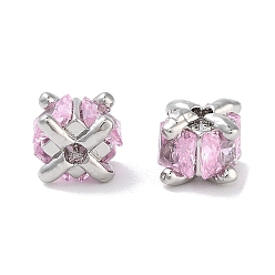 Платина Латунные микро проложить кубического циркония бусы, без кадмия, без никеля и без свинца, квадратный, розовый жемчуг, платина, 5.5x5.5x5 мм, отверстие : 1.2 мм