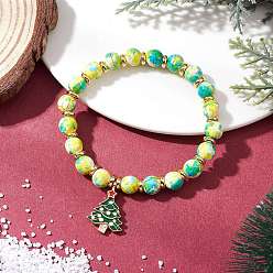 Зеленый Рождественские браслеты с подвесками из эмали из сплава, Женские браслеты из синтетических бусин бирюзового цвета, рождественская елка, зелёные, внутренний диаметр: 2-1/8 дюйм (5.4 см)