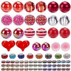 Красный 24 шт 12 стили непрозрачные акриловые бусины, круглый и сердечный, с 100шт. стразами и европейскими бусинами, красные, 20x18 мм, отверстие : 2 мм