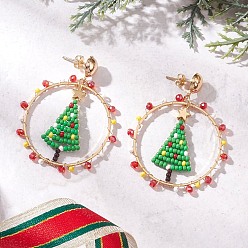 Золотой Серьги-гвоздики в виде елки из стеклянного бисера ручной работы, латунь болтаться серьги, золотые, 49.5x40 мм