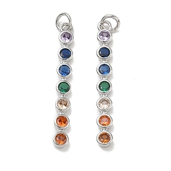 Platinum Brass Micro Pave Colorful Cubic Zirconia Pendants, Round Charms, Rack Plating, Long-Lasting Plated, Cadmium Free & Lead Free, Platinum, 35x4x2.5mm, Hole: 3mm