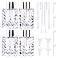 Plata 4unidades de botellas de vidrio con atomizador para viaje, contenedor recargable, Rectángulo, 4 piezas 3 ml gotero de plástico desechable, 4Juego de tapas de repuesto para botellas con bomba de plástico, tolva de embudo de plástico transparente, plata, 4 cm, capacidad: 6.5x3.3x11.4 ml (100 fl. oz)