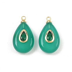 White Jade Dyed Natural White Jade Pendants, Teardrop Charms, with Brass Pave Cubic Zirconia Findings, Real 18K Gold Plated, Cadmium Free & Lead Free, Rack Plating, Long-Lasting Plated, Light Sea Green, 18~19x10x5~6.5mm, Hole: 1.4mm