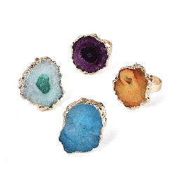 Golden Natural Agate Cuff Rings, with Brass Findings, Dyed & Heated, Nuggets, Mixed Color, Golden, 24~32x23~26mm, US Size 7 1/4(17.5~18mm)