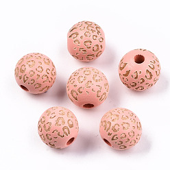 Pink Расписные бусы из натурального дерева, бусины макраме большая дырочка, лазерная гравировка, круглый с леопардовым принтом, розовые, 15~16x15 мм, отверстие : 4 мм