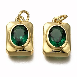 Зеленый Золотой тон латунные микро проложить кубического циркония кулоны, с прыжковых колец, долговечный, прямоугольные, зелёные, 14x9x4.5 мм, отверстие : 3 мм