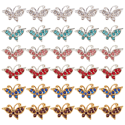 Couleur Mélangete 30pcs 6 cabochons en alliage de strass de couleurs, papillon, or, couleur mixte, 8.5x12.5x2.5mm, 5 pcs / couleurs