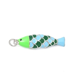 Зеленый Латунные подвески, рыбы прелести, с эмалью, без кадмия и без свинца, стойки покрытие, долговечный, с целью перехода в кольце, платина, зелёные, 29.5x8.5x4.5 мм, отверстие : 3.3 мм