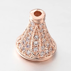Rose Gold Brass Micro Pave Cubic Zirconia Bead Cones, Rose Gold, 9x8mm, Hole: 1mm & 3mm