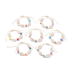 Mixed Color Natural Cowrie Shell Braided Bead Bracelet, Handmade Polymer Clay Beads with Pattern Adjustable Bracelet for Women, Mixed Color, Inner Diameter: 1-3/4~4-1/4 inch(4.3~10.8cm)