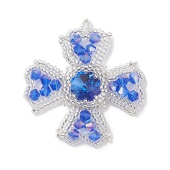 White Seed Beads Beaded Charms, Cross Pendants with Glass Rhinestone, White, 46x42x6mm, Hole: 1.5x2mm