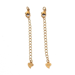 Античное Золото 925 удлинители цепи из стерлингового серебра, с застежками в виде когтей лобстера и подвесками, сердце, античное золото , 62x2.5 мм, отверстие : 2.4 мм