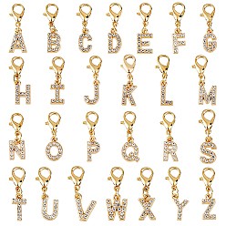 Golden 26Pcs Alloy Rhinestone Pendant Decorations, Letter, with Alloy Lobster Claw Clasps, Golden, 26mm