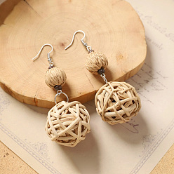 Круглые Богемные серьги-подвески из дерева и ротанга, сплетенные из разных пород дерева., с кокосом, платина, круглые, 56x28 мм