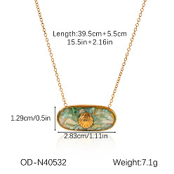 Oval Подвеска из натуральной морской раковины и смолы 304 цепочка из нержавеющей стали для женщин, реальный 18 k позолоченный, голубой, овал в форме раковины, 15.55 дюйм (39.5 см), Кулон : 12.9x28.3 мм