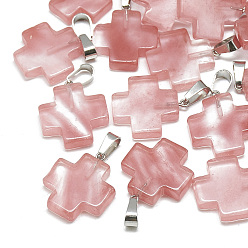 Вишневый Кварц Вишневое из кварцевого стекла подвески, с защелкой из нержавеющей стали на поручнях, крестик, 24~25x20~21x5~6 мм, отверстие : 6x4 мм