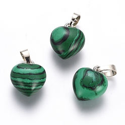 Малахит Синтетического малахита подвески, с латунной фурнитурой платинового цвета, сердце, 18x15x10 мм, отверстие : 5x7 мм