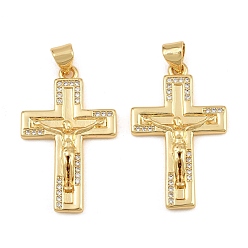 Golden Easter Brass Micro Pave Clear Cubic Zirconia Pendants, Crucifix Charms, Cadmium Free & Lead Free, Golden, 29x18x3.5mm, Hole: 5x3mm