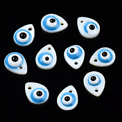 Dodger Blue Natural Freshwater Shell Charms, with Enamel, Teardrop with Evil Eye, Dodger Blue, 10.5x8x3~4mm, Hole: 1.2mm