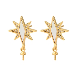 Настоящее золото 18K Фурнитура для серег-гвоздиков из латунных ракушек с микропаве из кубического циркония, за половину пробурено бисера, с уха орехов, без кадмия и без свинца, стойки покрытие, долговечный, реальный 18 k позолоченный, 22x14.5 мм, штифты : 0.9x12 мм