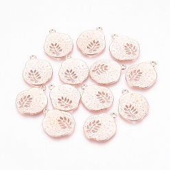 Rose Gold Tibetan Style Alloy Pendants, Cadmium Free & Nickel Free & Lead Free, Flat Round with Leaf, Rose Gold, 22x18x1mm, Hole: 1mm
