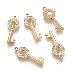 Золотой 316 хирургические подвески из нержавеющей стали с микропаве из прозрачного кубического циркония, ключ, золотые, 20x7.5x2.3 мм, отверстие : 1.5 мм