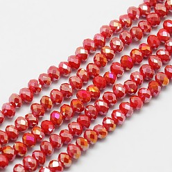 Красный Гальваническое покрытие непрозрачный сплошной цвет хрустальное стекло круглые бусины нити, граненые, с покрытием AB цвета, красные, 4x3 мм, отверстие : 1 мм, около 135 шт / нитка, 17.9 дюйм