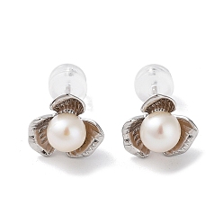 Flower Natural Pearl Stud Earrings for Women, with Sterling Silver Pins, Flower, 9.5x11mm