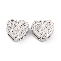 Platinum Brass Micro Pave Cubic Zirconia Slide Charms, Long-Lasting Plated, Cadmium Free & Lead Free, Heart with Word LOVE, Real Platinum Plated, 10x10.5x3.5mm, Hole: 4x1mm