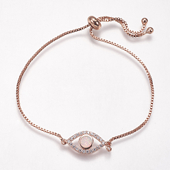 Белый Регулируемые латунные браслеты Боло, слайдерные браслеты, С синтетическим опалом и кубическим цирконием, глаз, розовое золото , белые, 8-3/4 дюйм (222 мм), 1 мм, ссылка: 20x9x3 mm