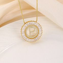 Letter P Кольцо из латуни с прозрачными кубическими цирконами и подвеской в виде буквы, цепочка-коробка, золотые, Письмо P, 17.72 дюйм (45 см)