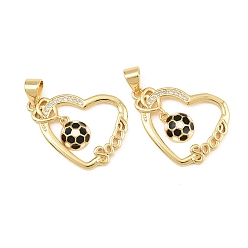 Real 18K Gold Plated Brass Micro Pave Clear Cubic Zirconia Pendants, with Black Enamel, Heart with Football & Word Soccer Charms, Rack Plating, Long-Lasting Plated, Lead Free & Cadmium Free, Real 18K Gold Plated, 17x22x3mm, Hole: 5x3mm