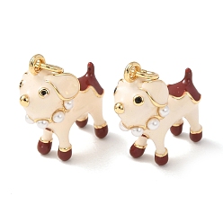 Floral White Brass with Enamel & ABS Plastic Imitation Pearl Pendants, Dog Charms, Rack Plating, Long-Lasting Plated, Cadmium Free & Lead Free, Real 18K Gold Plated, Floral White, 20x18x9mm, Hole: 3mm