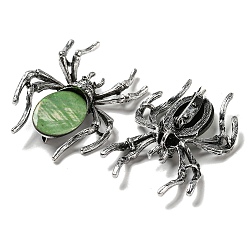 Light Green Dual-use Items Alloy Pave Dyed Shell Spider Brooch, with Jet Rhinestone, Antique Silver, Light Green, 57.5~58x41.5~42x12.5mm, Hole: 4x3mm