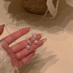 Flat Round Alloy Stud Earring, with Sterling Silver Pin, Plastic Bead and Rhinestone, Golden, Flat Round, 22mm