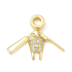 Другие Латунные микро-паве прозрачные кубические цирконии стоматологические европейские подвески-шармы, Подвески с большими отверстиями, реальный 18 k позолоченный, долговечный, без кадмия и без свинца, стойки покрытие, зуб и зубная щетка, 28.5 мм, кулон: 17.5x3x2 мм и 14x9x3.5 мм и 17.5x4.5x2.5 мм, отверстие : 4 мм