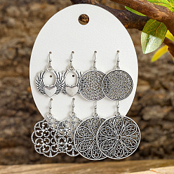 Античное Серебро 4 Парные серьги-подвески из цинкового сплава, Плоский круглый и крыло, античное серебро, 28~40x10~22 мм