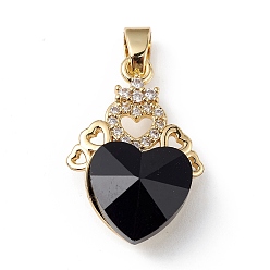 Black Real 18K Gold Plated Rack Plating Brass Micro Pave Clear Cubic Zirconia Pendants, with Glass, Long-Lasting Plated, Cadmium Free & Lead Free, Heart Charm, Black, 24x16x8mm, Hole: 5mm