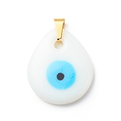 White Handmade Lampwork Pendants, with 201 Stainless Steel Findings, Teardrop with Evil Eye, White, 34.5x29.5x5.5mm, Hole: 4x4mm