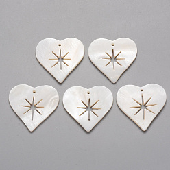 Freshwater Shell Natural Freshwater Shell Pendants, Heart with Hollow Star, 26x26.5x2mm, Hole: 1.2mm