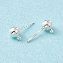 Silver Brass Ball Post Ear Studs, with Loop & 304 Stainless Steel Pins, Silver, 15.2~15.7x5mm, Hole: 1mm, Pin: 0.7mm