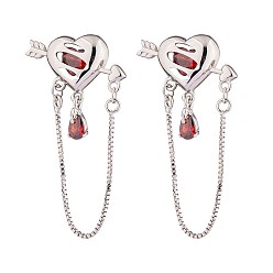 Platinum Siam Rhinestone Heart with Arrow Dangle Stud Earrings, Brass Tassel Drop Earrings for Women, Platinum, 36x18.8mm, Pin: 0.8mm