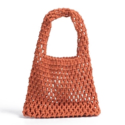 Chocolate Woven Cotton Handbags, Women's Net Bags, Shoulder Bags, Chocolate, 30x21x8cm