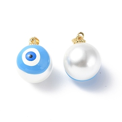 Dodger Blue Shell Enamel Pendants, with Real 18K Gold Plated Brass Findings, Long-Lasting Plated, Round with Evil Eye Charm, Dodger Blue, 20x16x17mm, Hole: 3.5x4.5mm