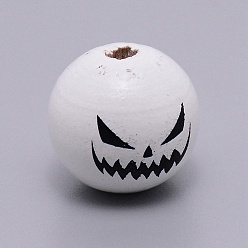 Blanco Cuentas de madera de Schima, tema de halloween, redondo con patrón de expresión, blanco, 15.50~16 mm, agujero: 4 mm