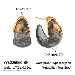 Gray 304 Stainless Steel Resin Stud Earrings for Women, Half Hoop Earrings, Golden, Gray, 24.5x14mm